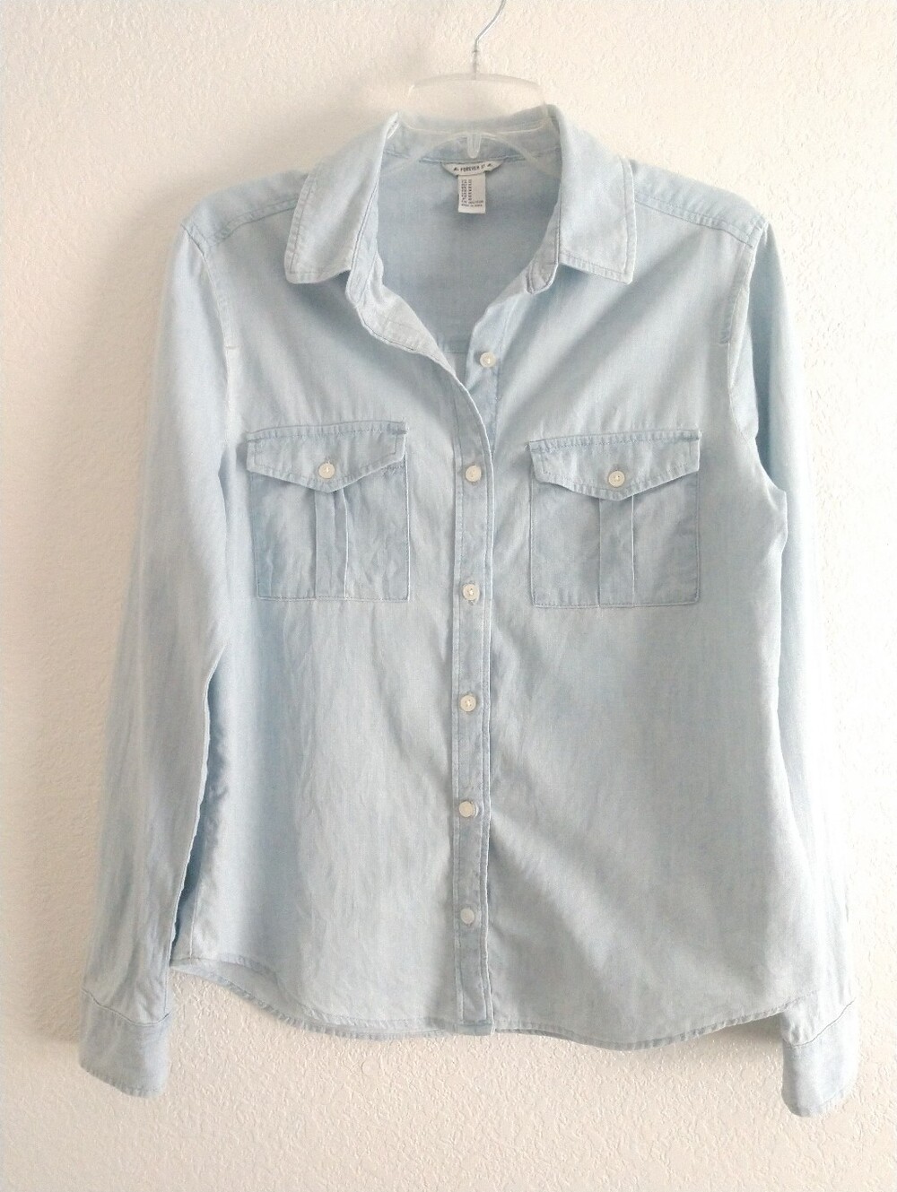 Forever 21 Blue Cotton Shirt Denim Look Long Sleeve Size Medium Chest 36"
